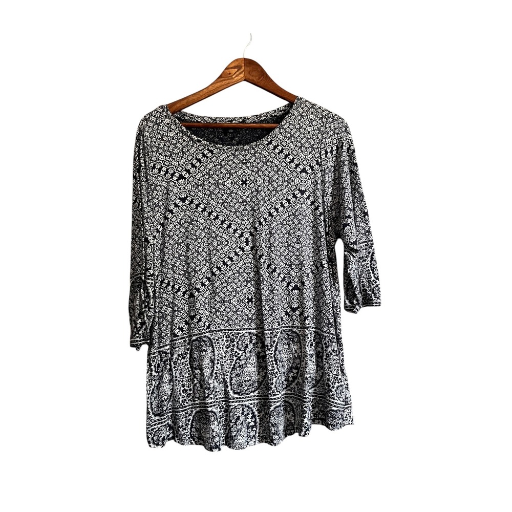 Lucky Brand Knit Top Womens 1X Black White Excellent Paisley 3/4 Sleeve Boho
